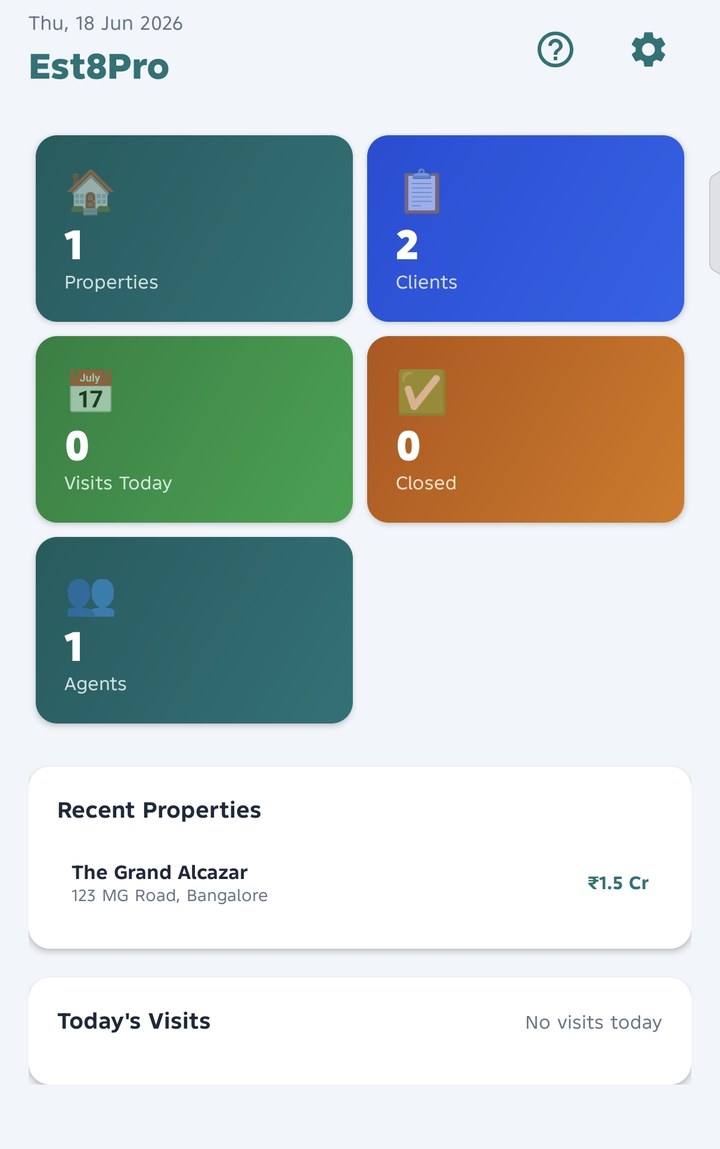 Est8Pro dashboard showing properties, clients, visits and closed deals