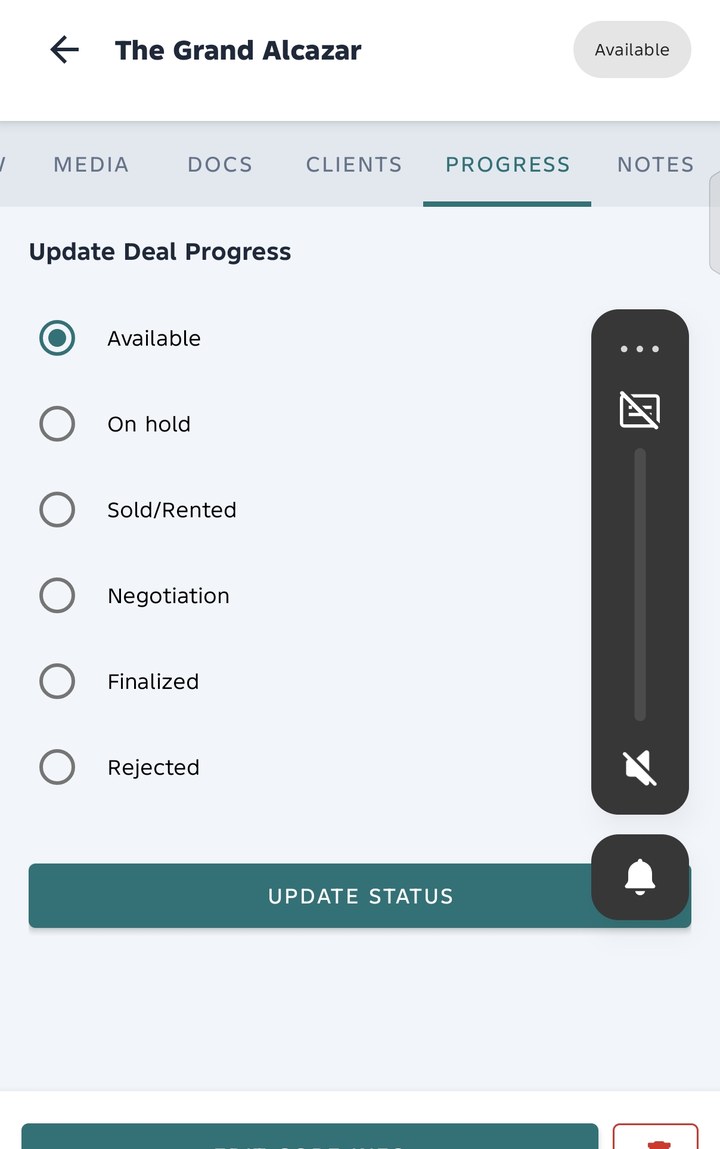 Est8Pro deal progress tracker with status options